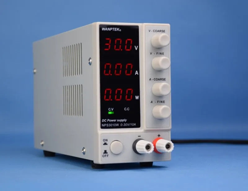 LNPS605W adjustable DC laboratory power supply unit with white casing, voltage and current controls.