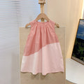 Girls cotton sleeveless suspender dress colour matching, available in cream yellow, pink, hibiscus purple, tail green, sizes 80-150cm