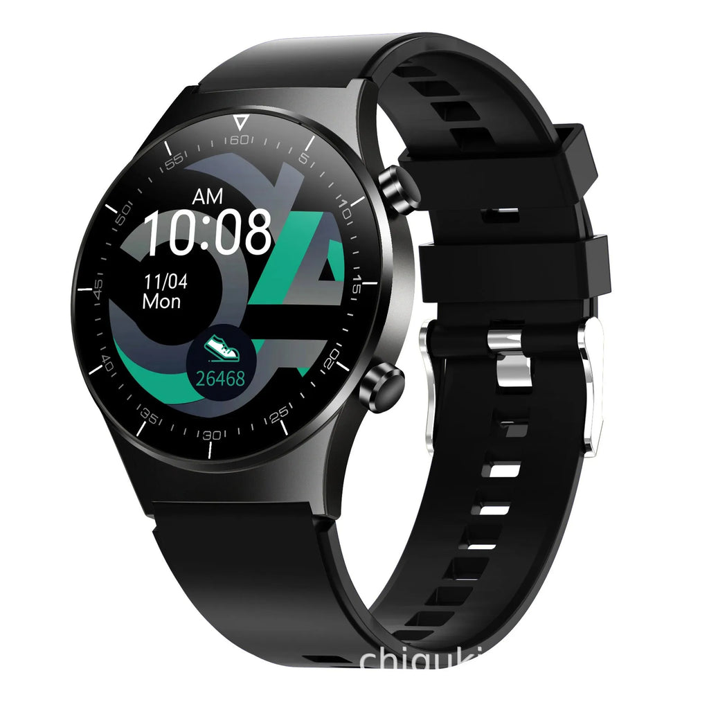 Black smart watch with astronaut bracelet design showing 1.3-inch touch screen displaying heart rate data