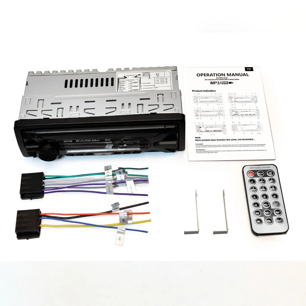 Car radio MP3 player with Bluetooth, USB port, TF card slot, LCD display, and front panel controls