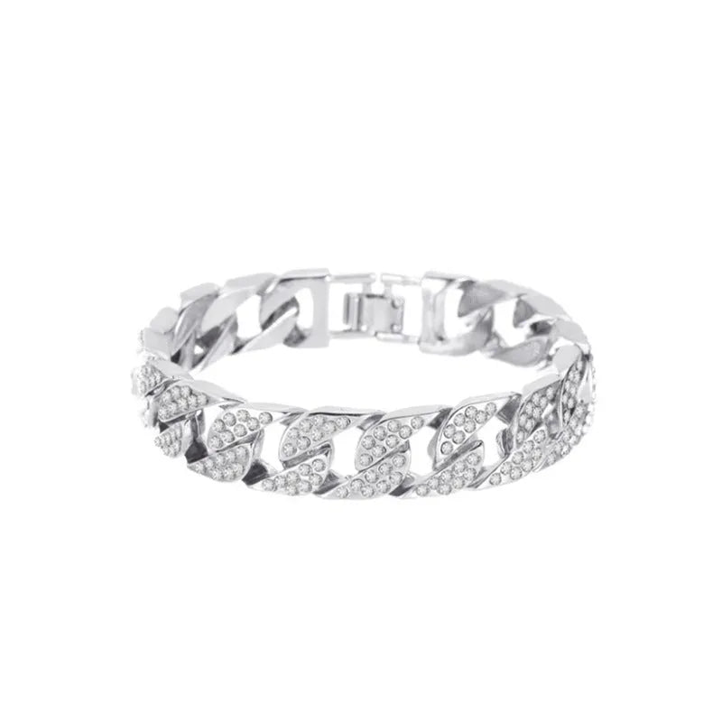 Gold Cuban flat buckle bracelet with crystal rhinestones on wrist, 15mm wide, 8 inch length