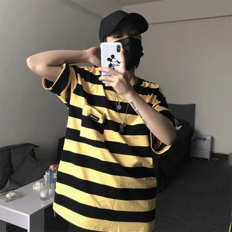 Striped short sleeve t-shirt in blue, polyester fiber, casual crew neck style