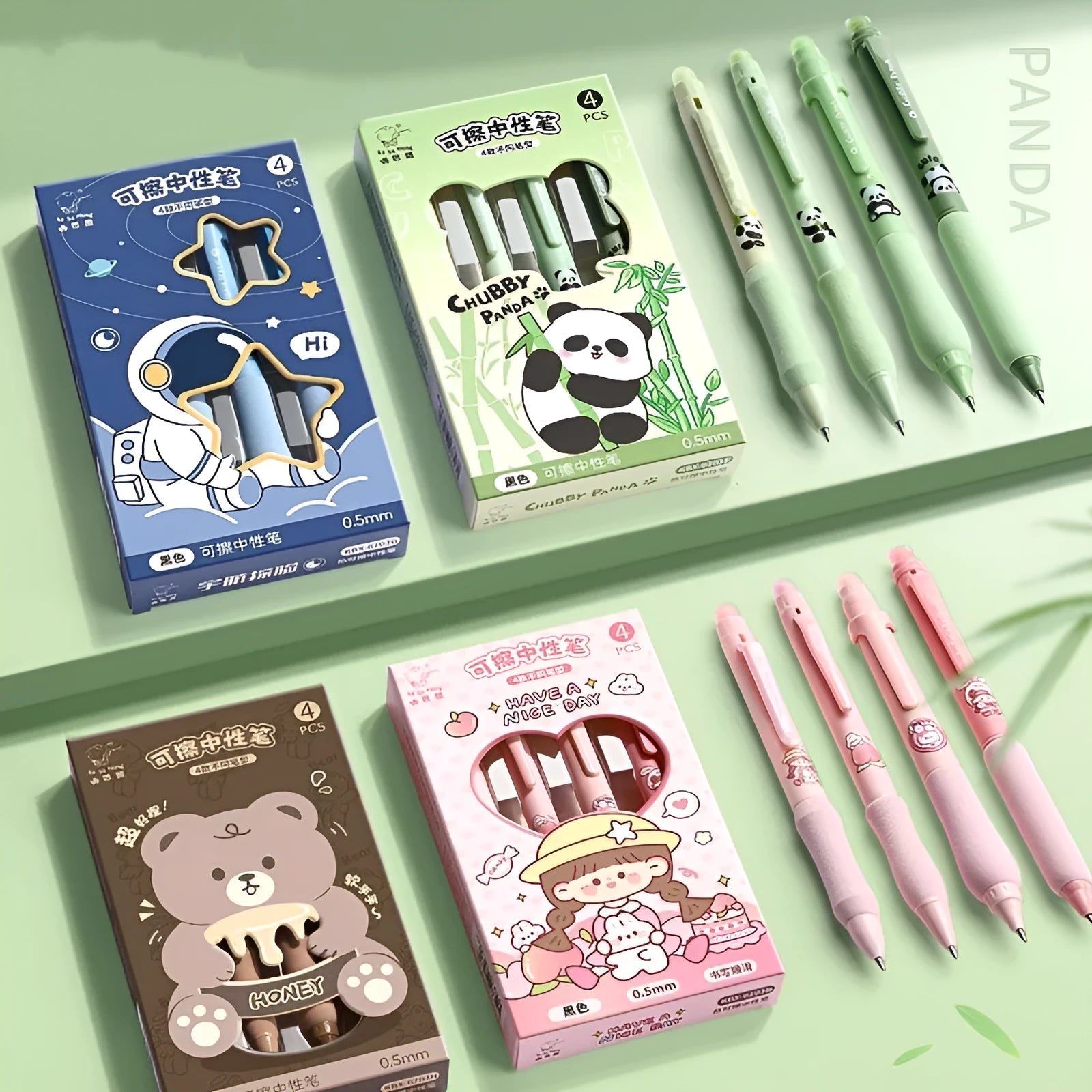 Cartoon printed erasable gel pen with 0.5mm tip in black and crystal blue ink options