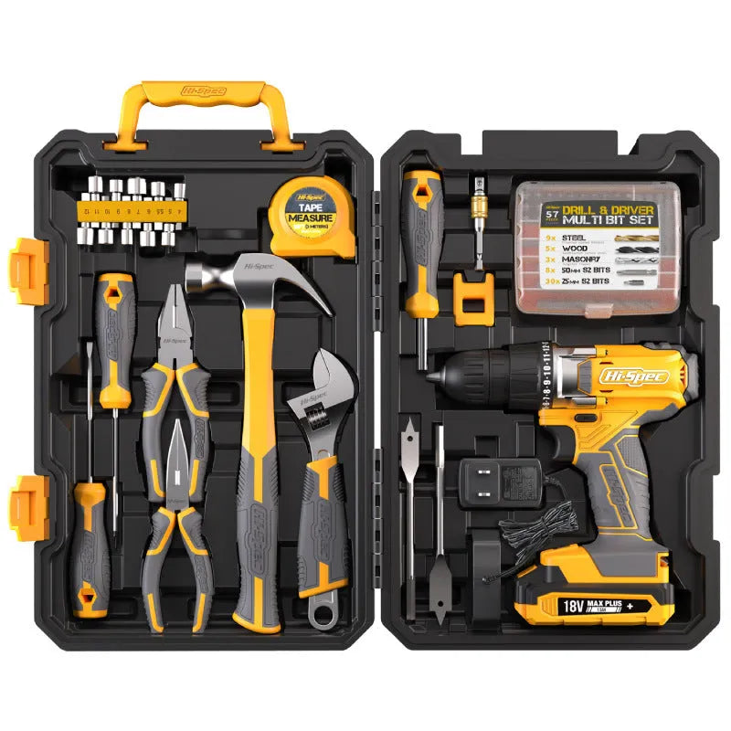 Grey yellow US style case open to show 82-piece chrome-vanadium steel home repair tool set
