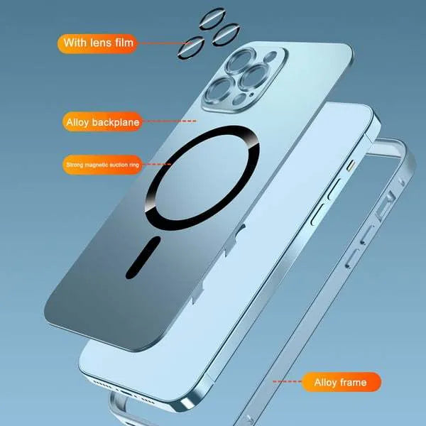 Aluminium alloy frame iPhone case showing magnetic snap closure and camera lens protection