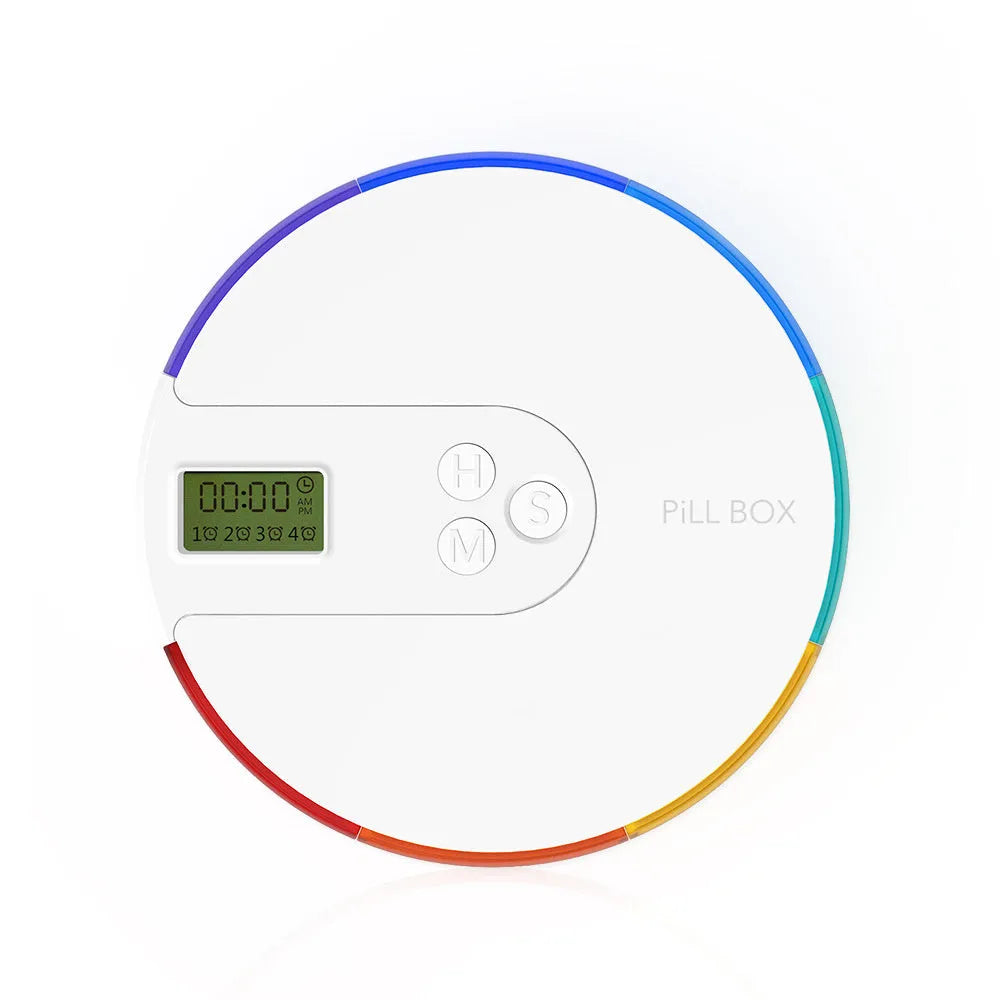 Blue seven-compartment alarm clock pill dispenser with digital display, shown next to pills.