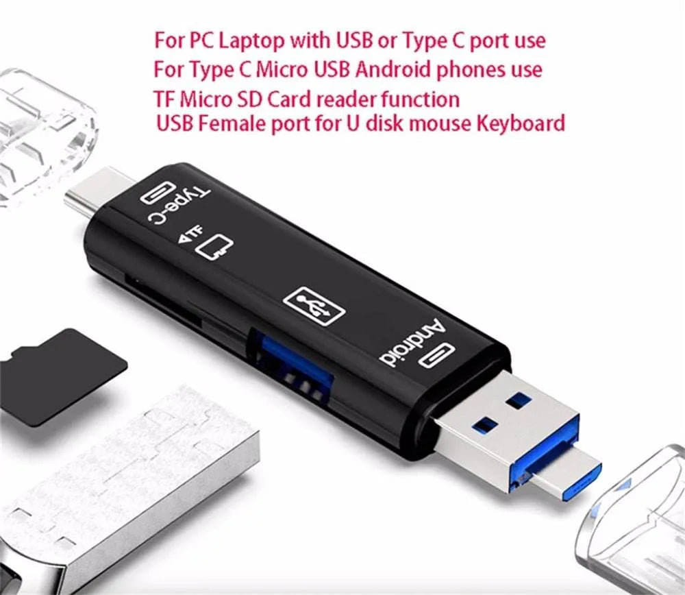 Black and white USB OTG hub adapter with Type-C plug, Micro USB plug, SD card slot, and USB-A port.