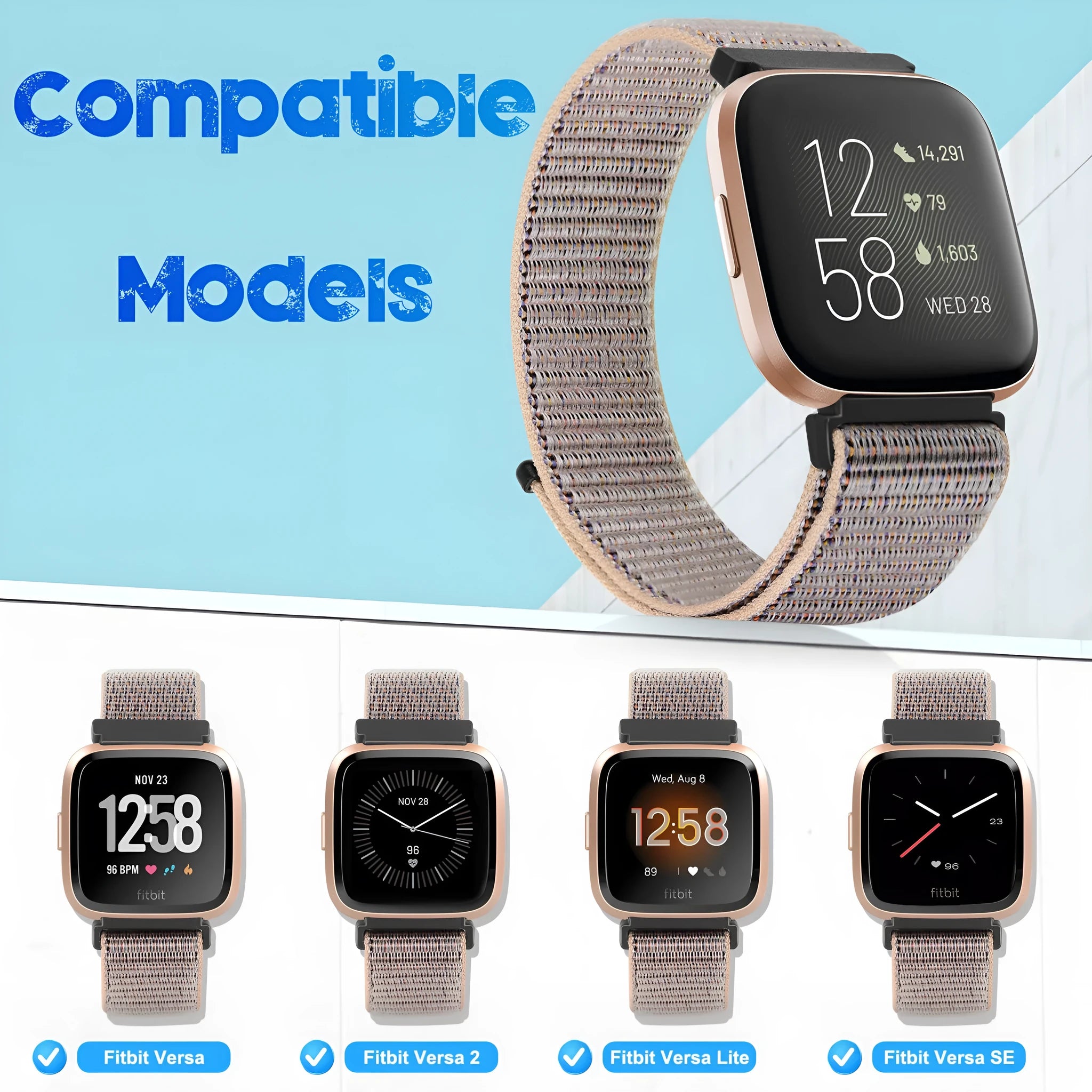 Nylon loop watch band for Fitbit Versa 2 and Sense 2 with velcro closure in army green colour