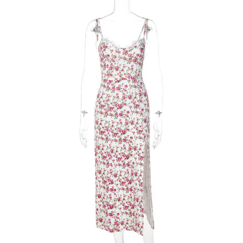 Blue lace flowers print long dress with side slit and suspender straps on a model
