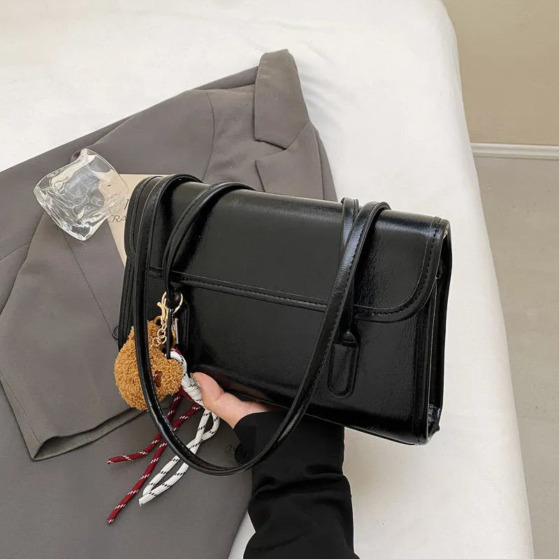 Women's brown Maillard PU leather shoulder bag with double straps and pendant attachment