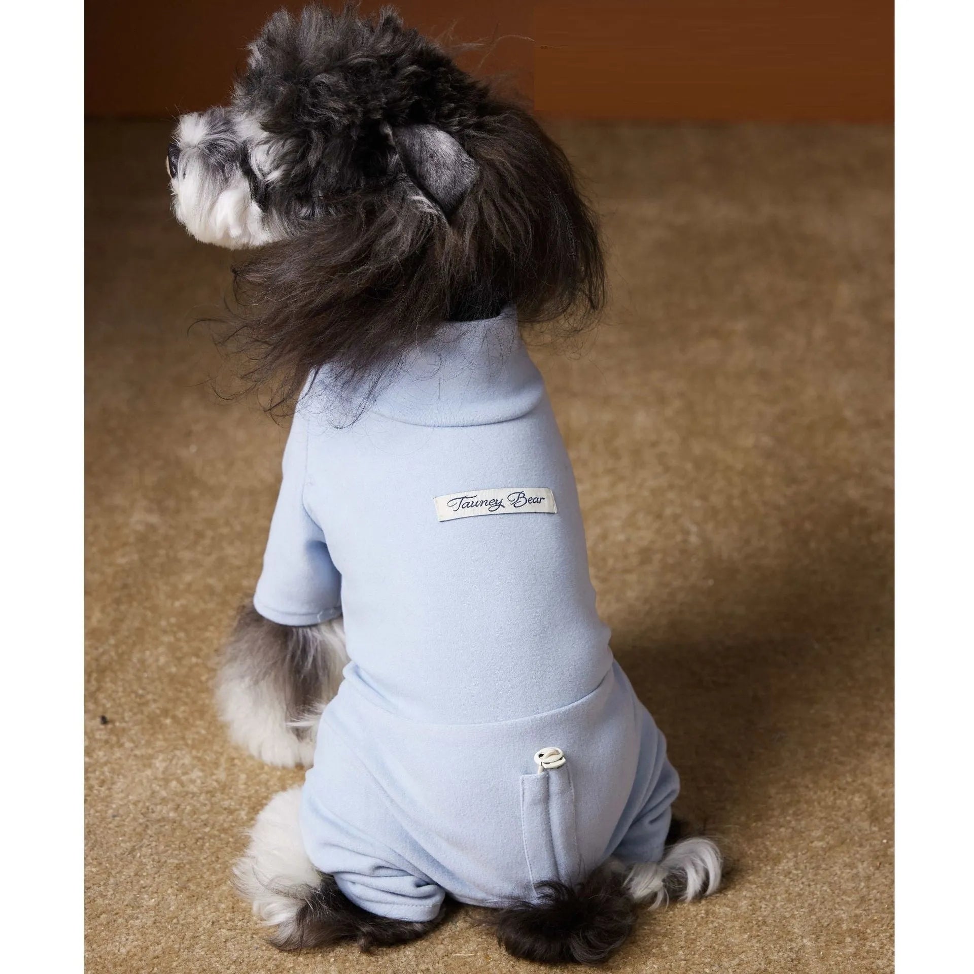 Blue polyester four-leg bottoming shirt for small dogs Schnauzer Bichon on a white background