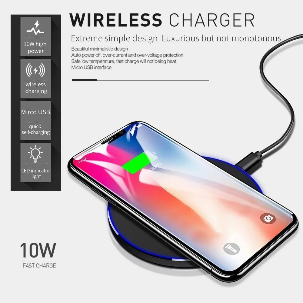 Ultra-thin black wireless charging pad measuring 98mm square with 6.5mm profile