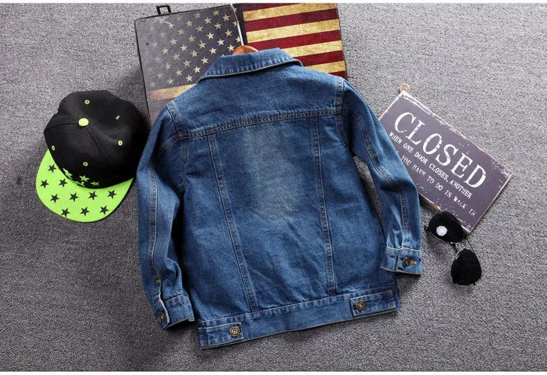 Children girls ripped denim jacket in dark blue cotton with hood, available in multiple sizes