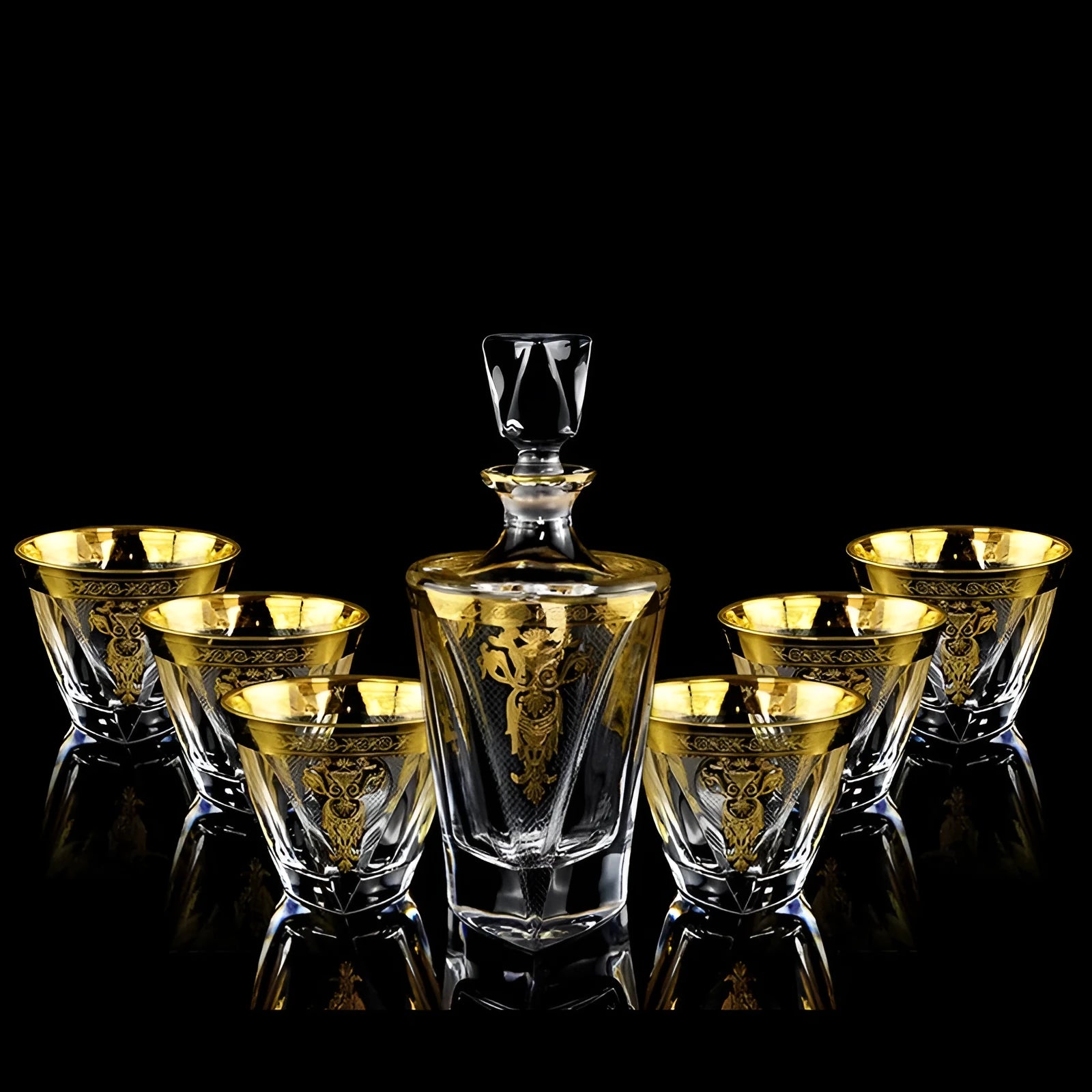 Gold line crystal glass whisky tumbler set with wine bottle and six glasses on a table