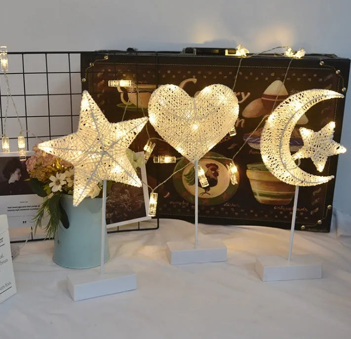 Rattan LED fairy lights with star, heart and moon designs for battery-powered room decoration