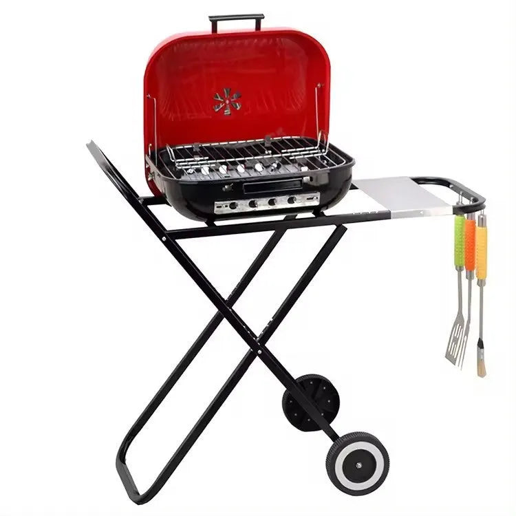 Outdoor courtyard barbecue grill with folding bicycle hand push, 42.5x50cm grill plate, and shelf
