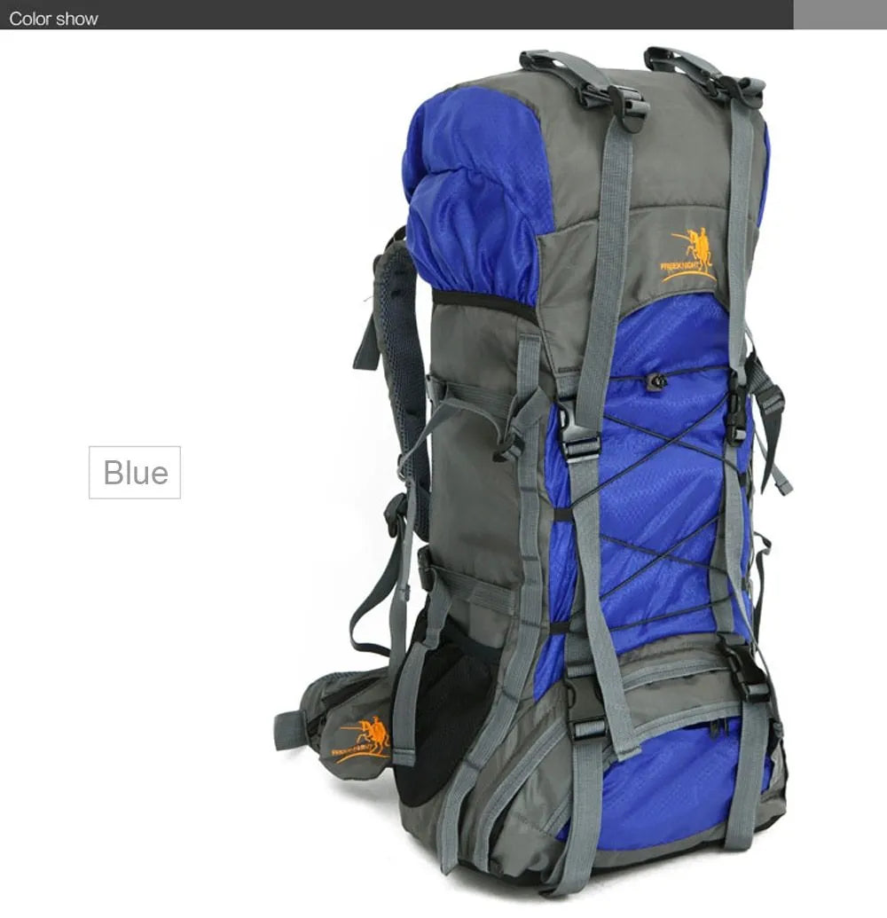 Extra large 60L nylon water resistant outdoor travel backpack with external stores system and adjustable shoulder strap