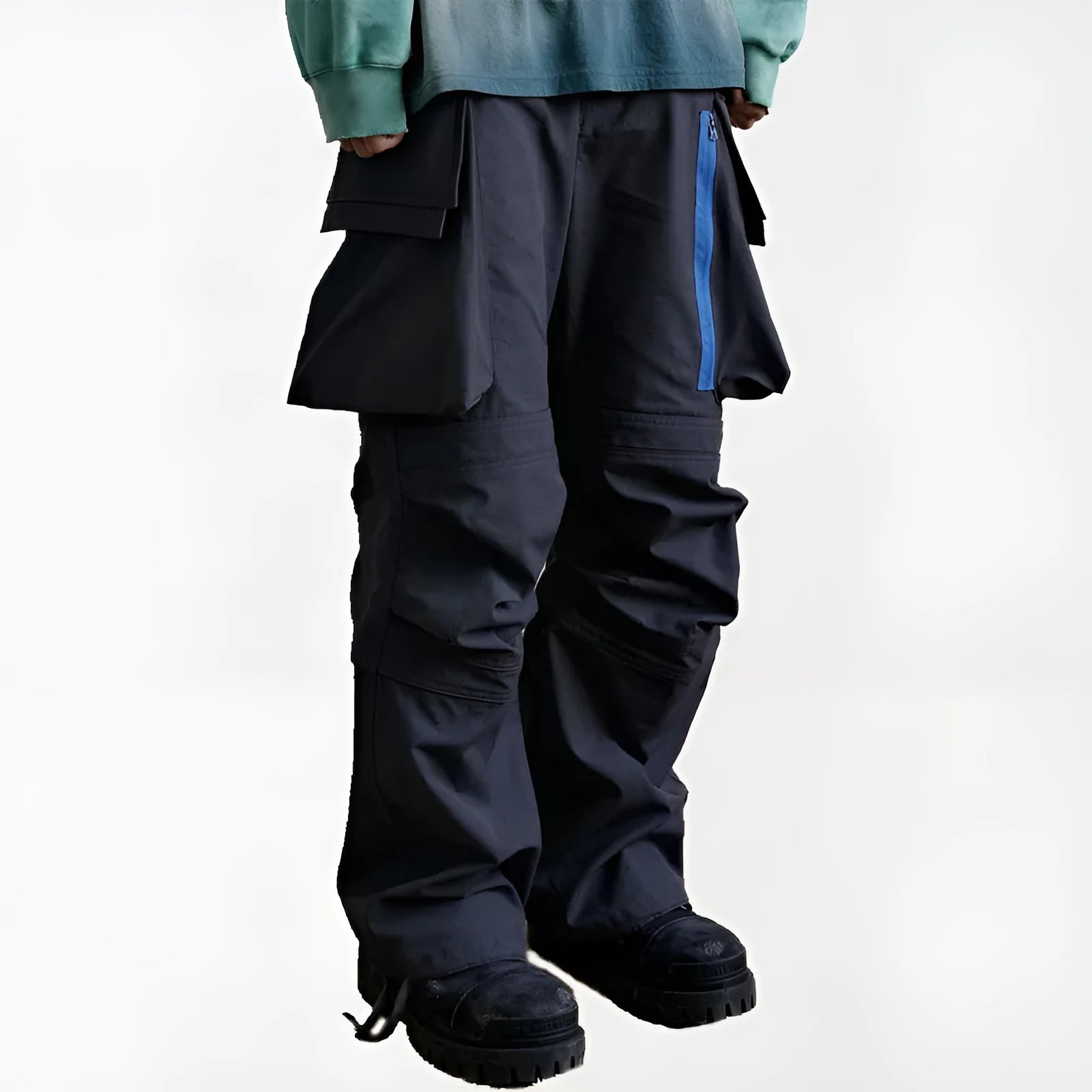 Multi-pocket contrast zip casual baggy pants in Dark Grey cotton, loose fit and mid-waist design