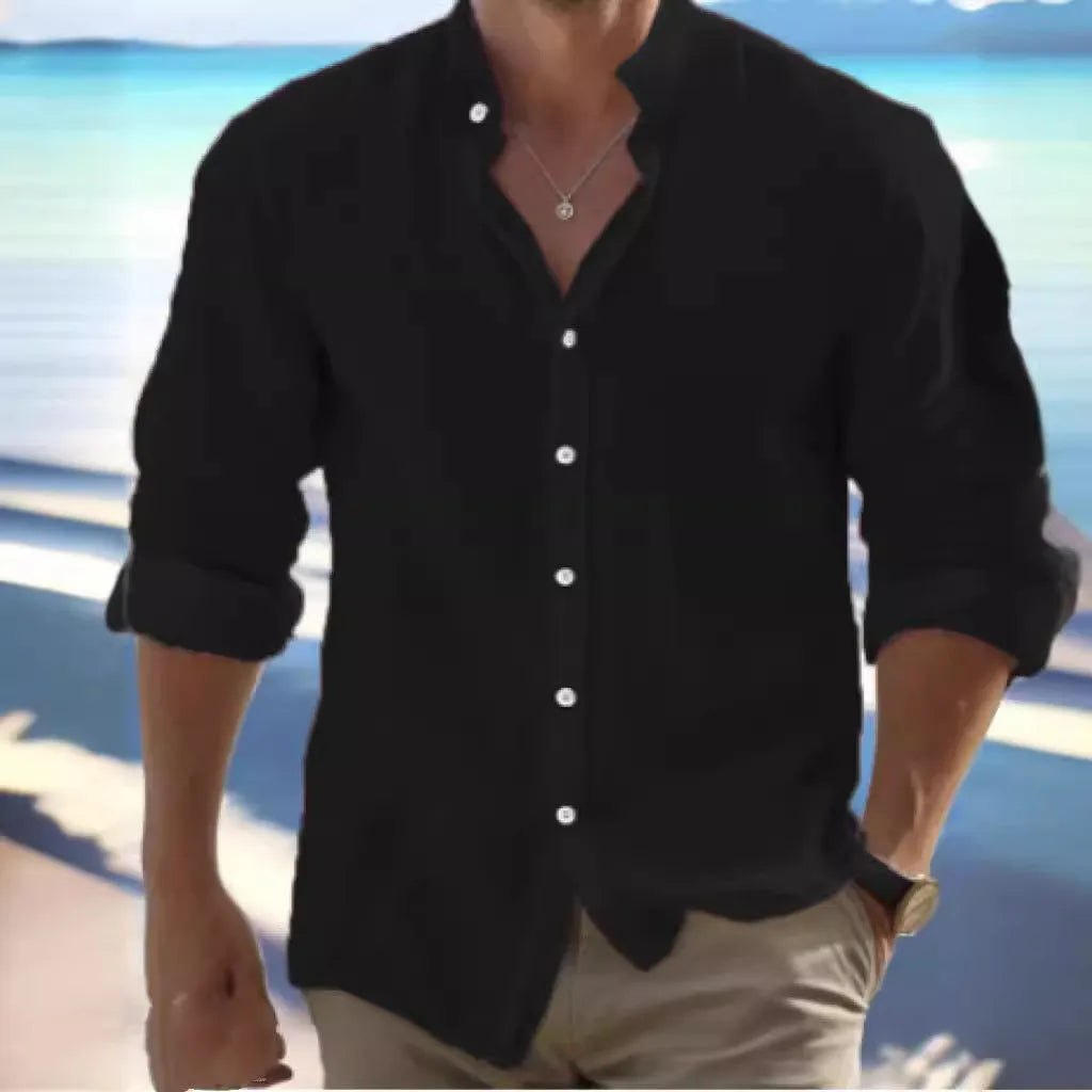 Men's long-staple cotton summer beach shirt in light grey with button front and casual pullover style