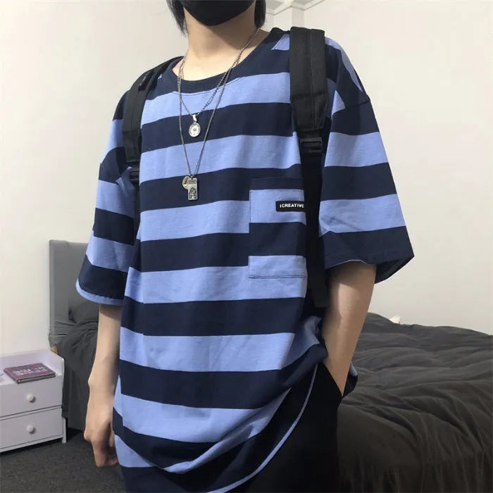 Striped short sleeve t-shirt in blue, polyester fiber, casual crew neck style