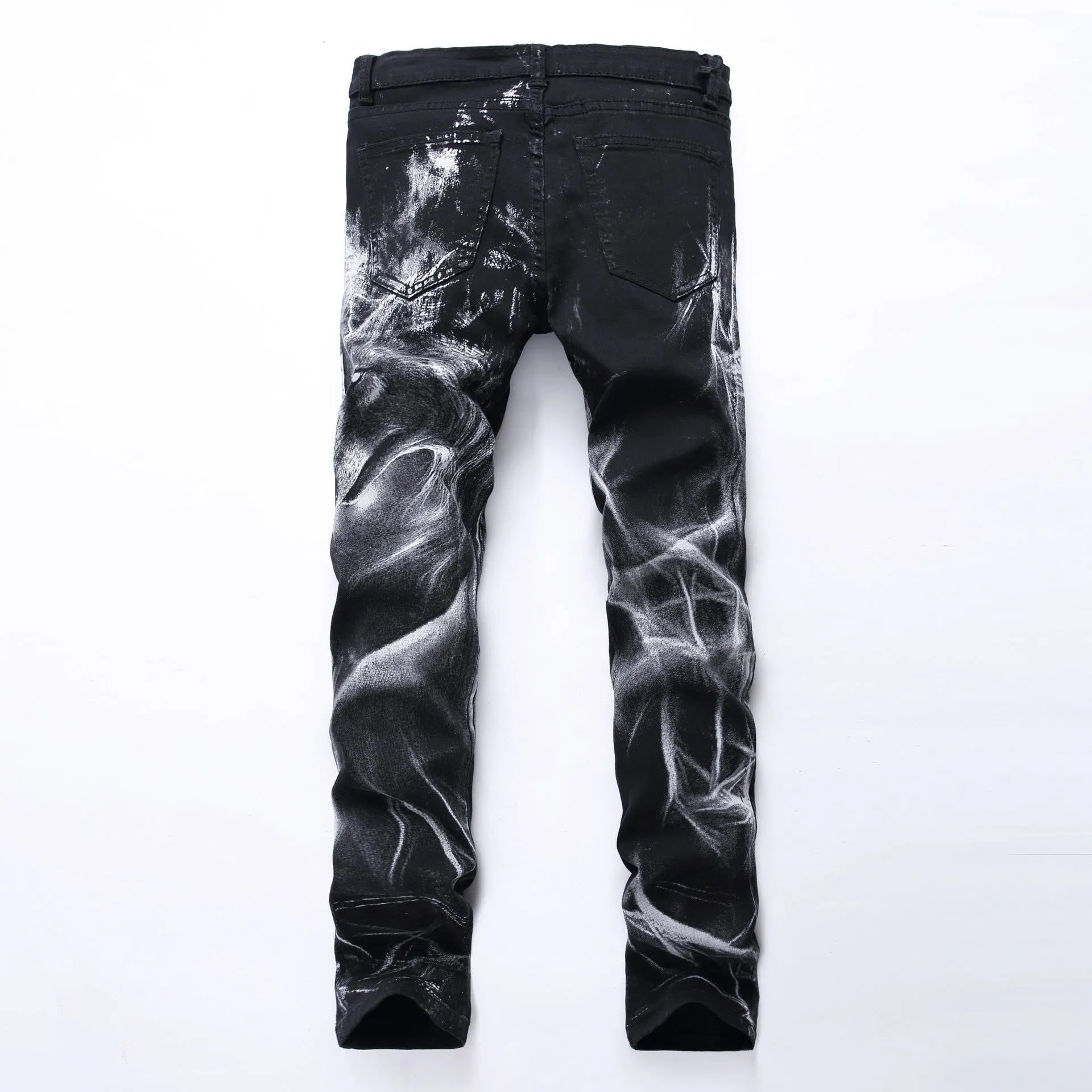 Men's black wolf print jeans with realistic wolf head design on cotton denim fabric