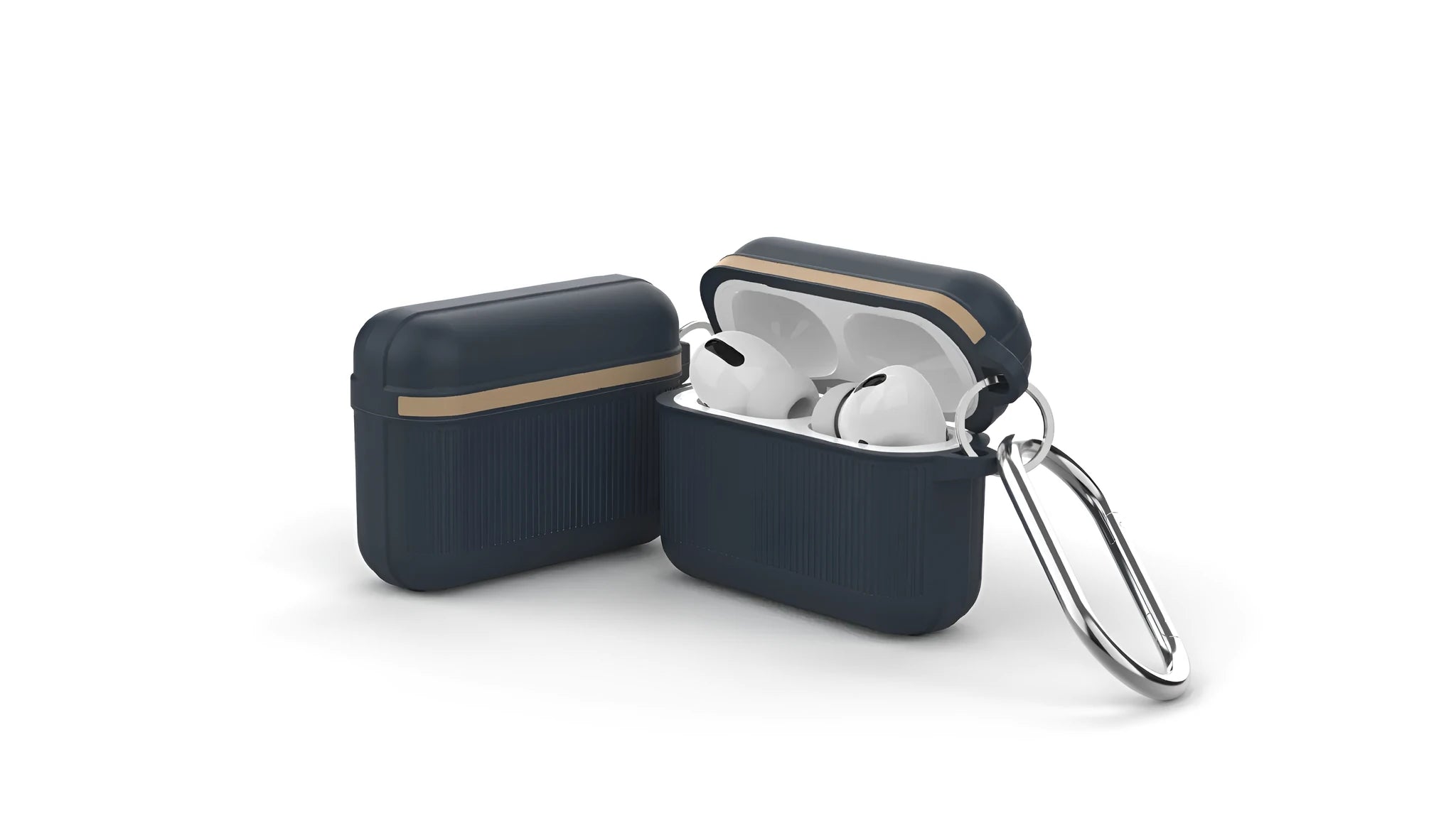 Silicone clamshell cover for Apple AirPods case in various colours, showing metal buckle.