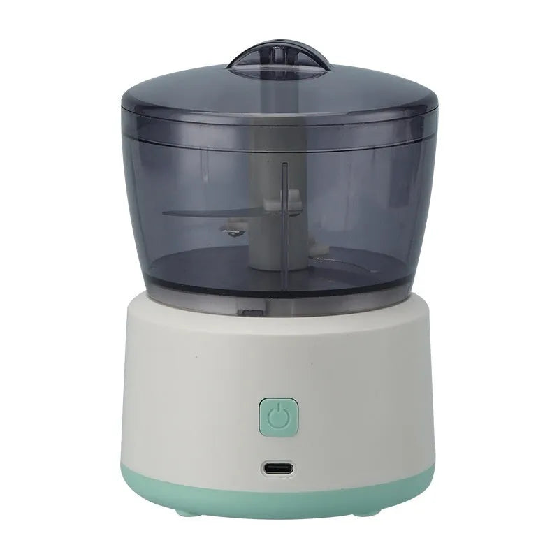 Mini electric meat grinder with transparent cup and stainless steel blade in light green or white