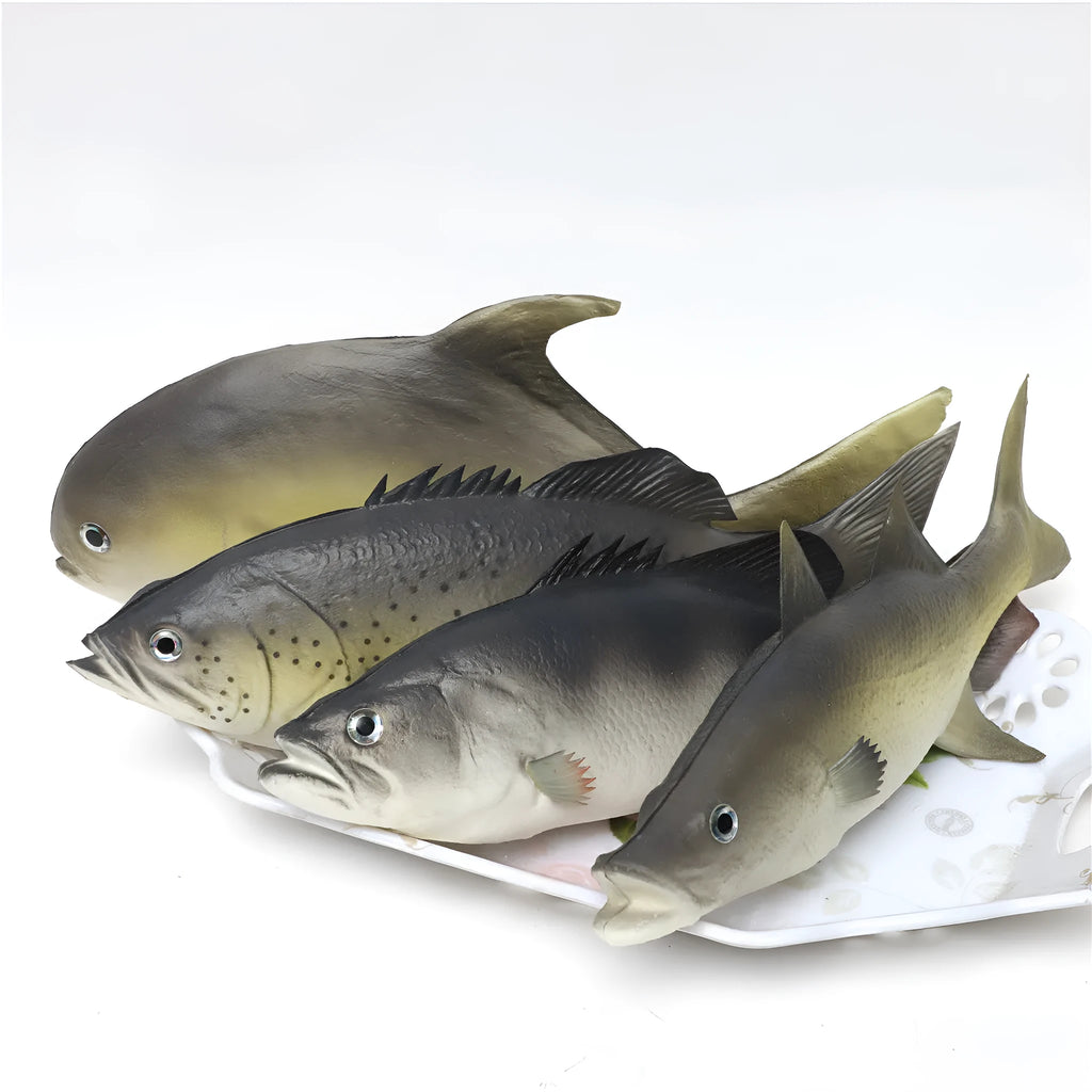 Three PU simulated fish ornaments showing yellow-fin tuna, small tuna and yellow croaker marine replicas