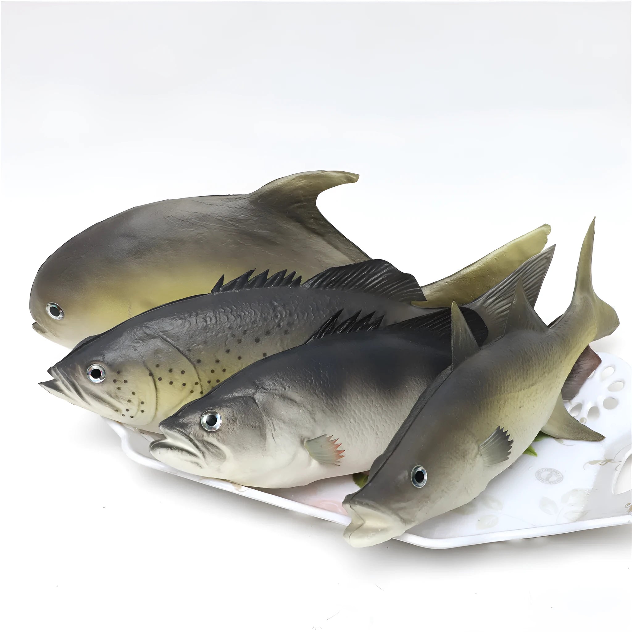 Three PU simulated fish ornaments showing yellow-fin tuna, small tuna and yellow croaker marine replicas