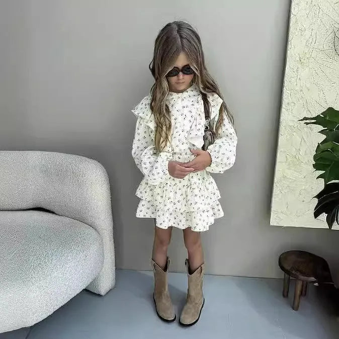 Girls autumn floral lace long sleeve shirt and tiered skirt two-piece cotton set for 90-140cm height