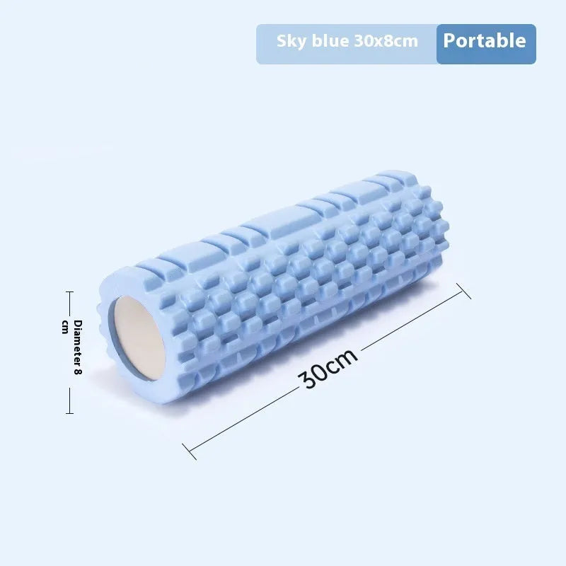 EVA foam roller for fitness in various colours and sizes on a gym floor.