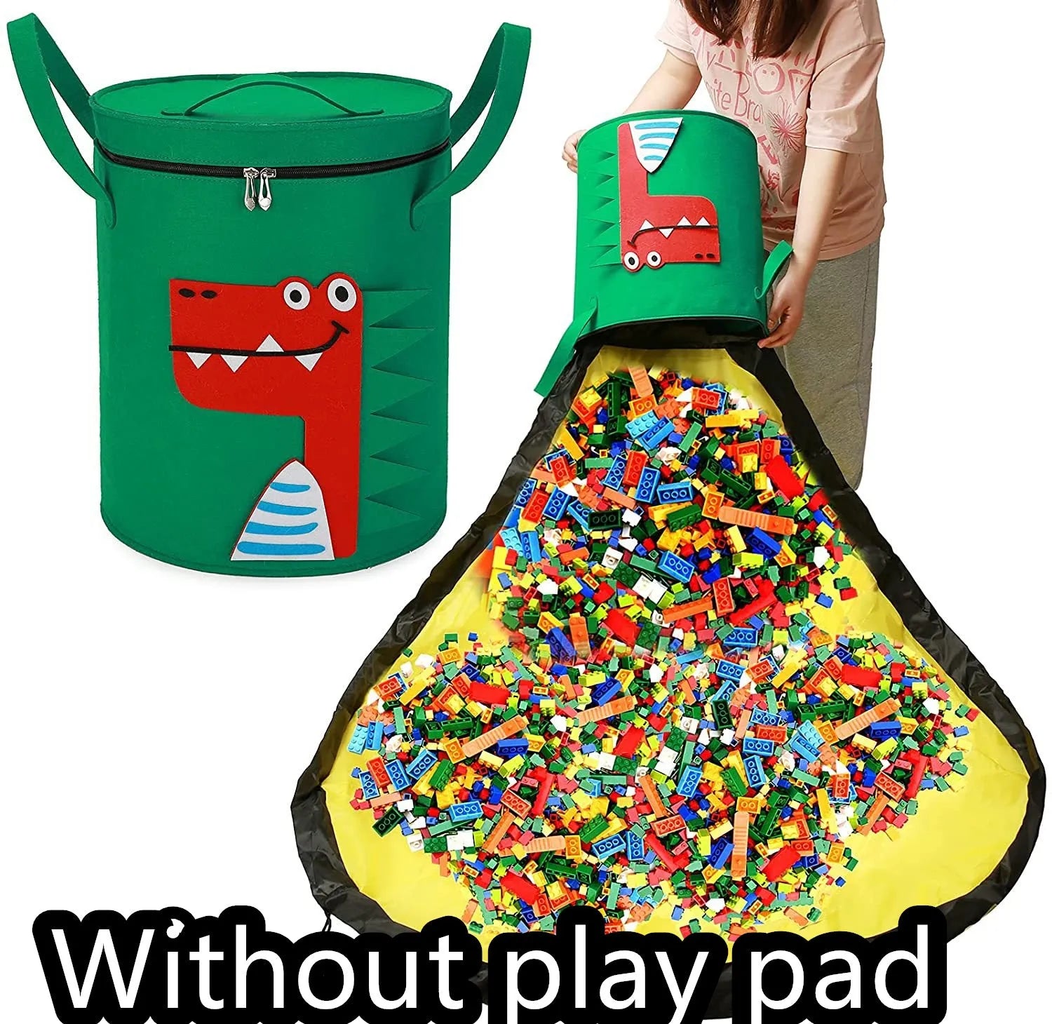 Green felt cube storage bag with pull rope, laid flat as a play mat for toys.