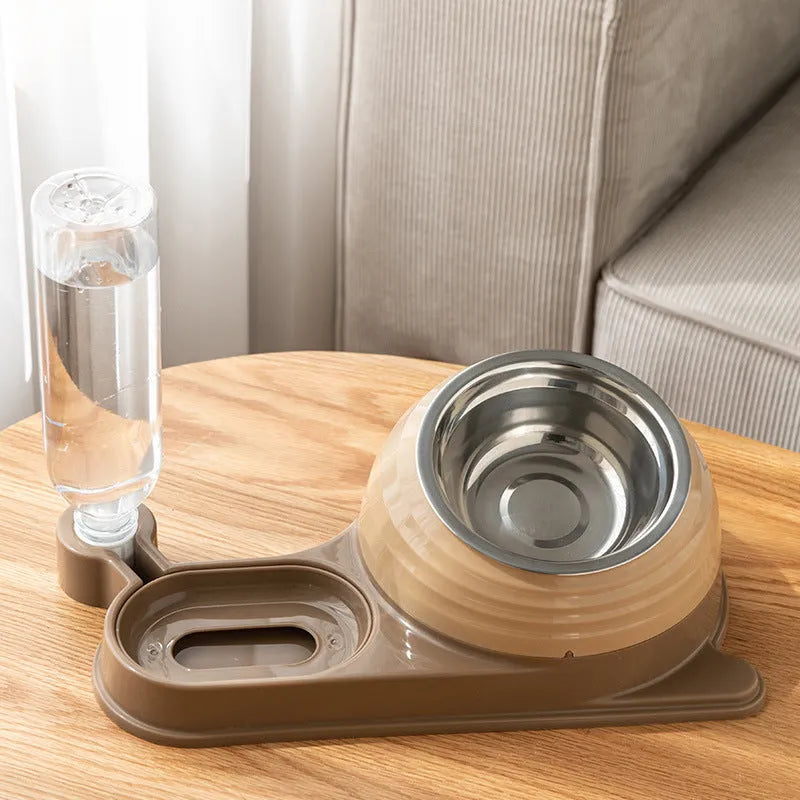 Elevated cat food bowl with water dispenser bottle in green colour