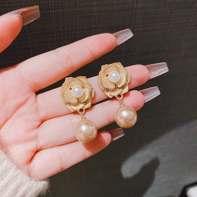 Gold colour sterling silver electroplated flower stud earrings with needle rose pearl and opal stone accents