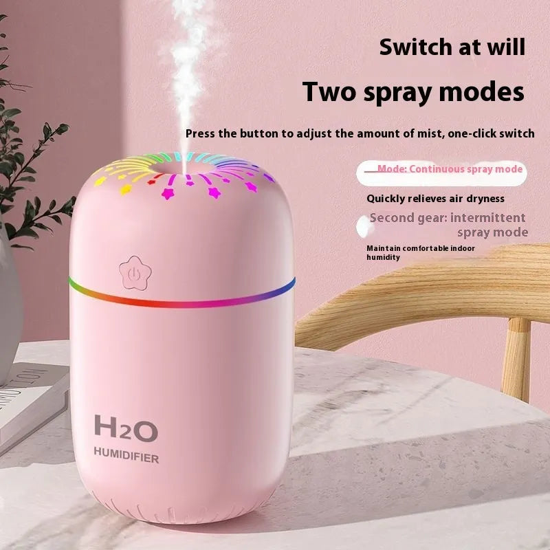 Compact white USB mini humidifier with 300ml water tank on desk beside laptop