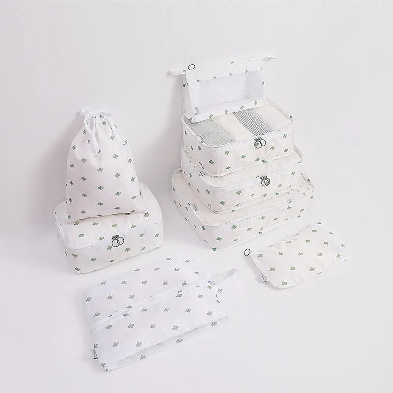 Eight-piece cube polyester storage bag set for travel with seal closure, available in multiple colours