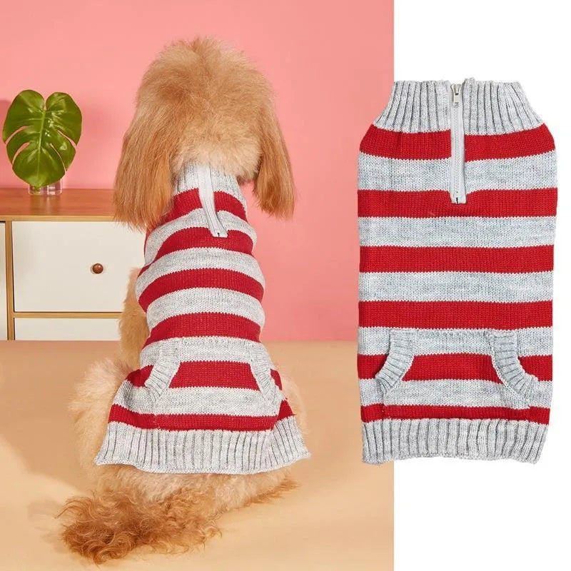 Grey dog sweater with horizontal zipper and button pocket for small to medium pets