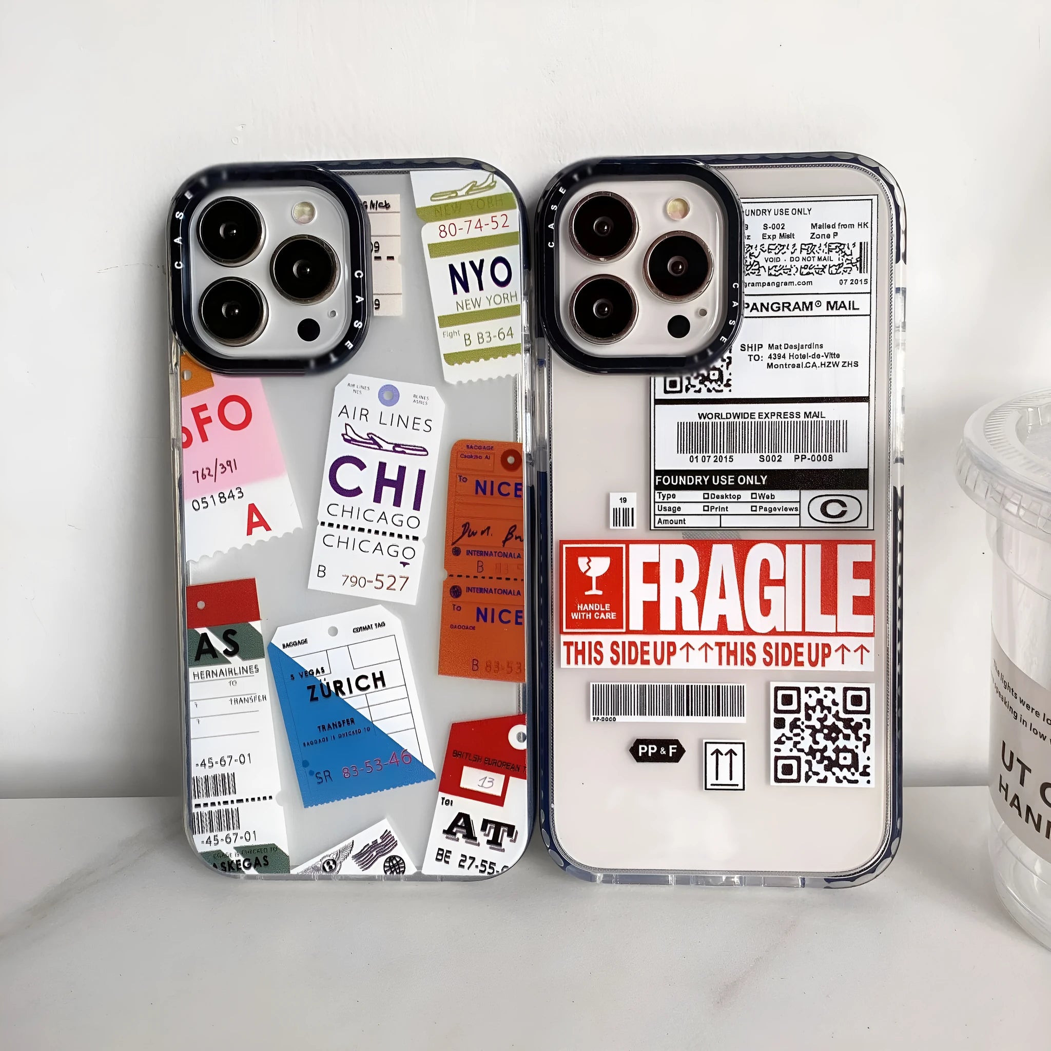 Transparent TPU phone case with travel ticket label coloured painting design for Apple iPhone