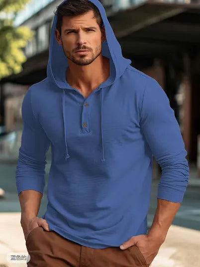 Men's cotton pullover hoodie in dark blue colour showing long sleeves and casual sports style