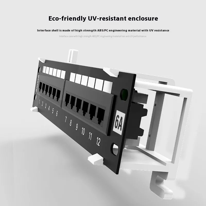Black 12-port network distribution frame with mounting hardware and routing knife for home cable installations