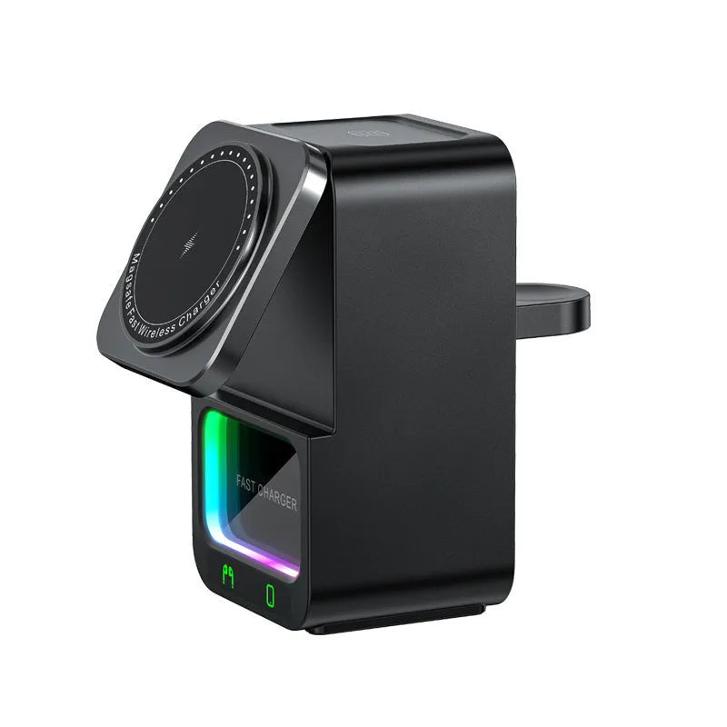 White and black Bluetooth speaker wireless charger with phone mounted magnetically.