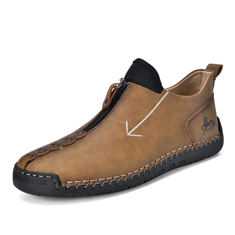 Men's black leather-look casual boot with front zipper, round toe, and mid-calf shaft.