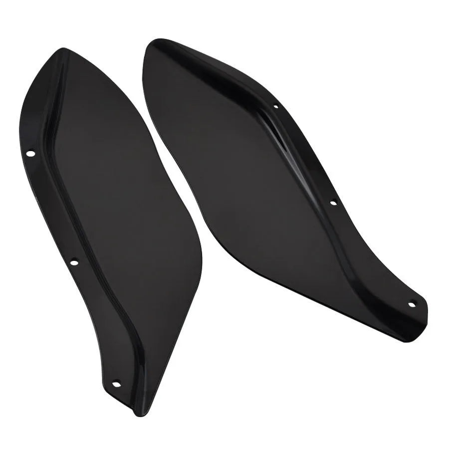 Pair of black and transparent ABS plastic side wing head covers for Harley-Davidson Touring motorcycle flank.