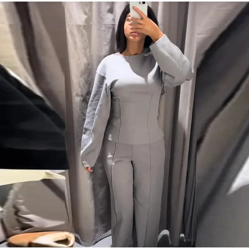 Women's fleece two-piece suit with pleated top and wide-leg trousers in black, grey, apricot or wine red