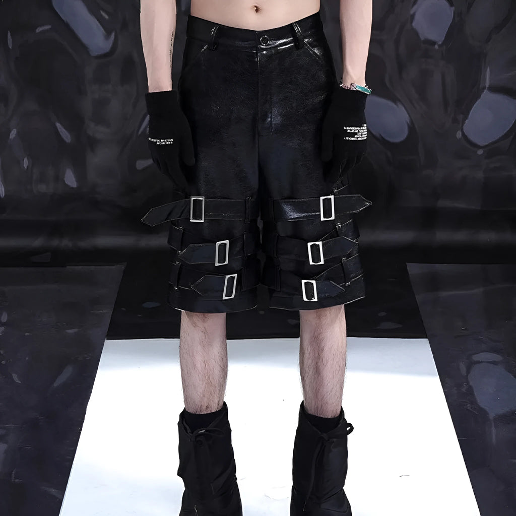 Men's black PU leather cropped shorts with mid-low waist design