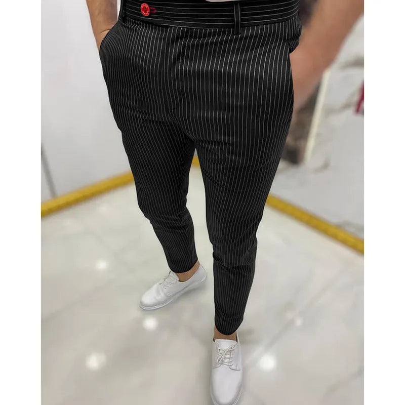Men's thin striped slim casual trousers in chemical fibre blend, mid waist, button fly, available in multiple colours