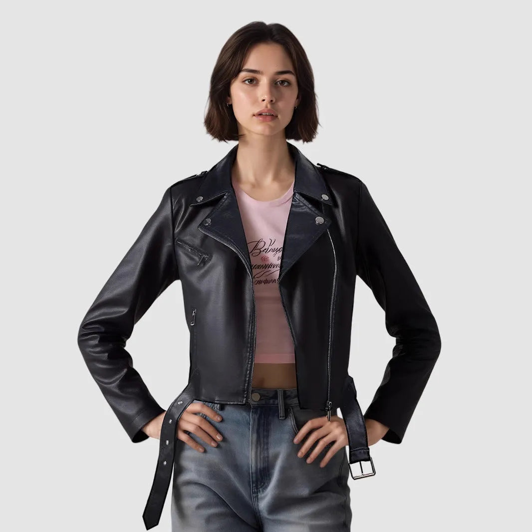 Women's black PU leather motorcycle jacket with short lapel and removable waist belt