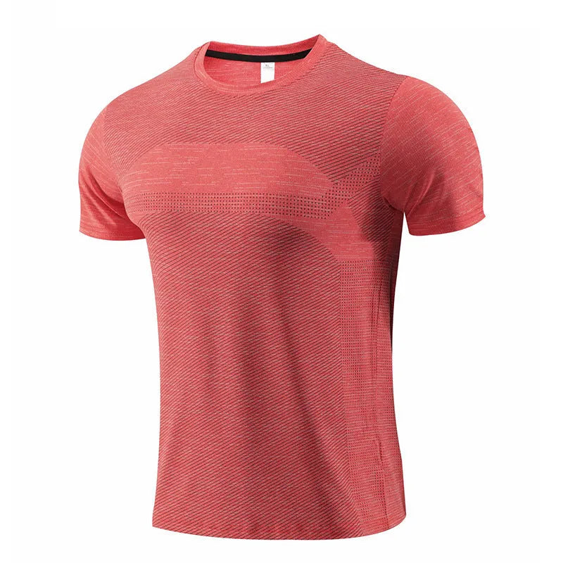 Short-sleeved red polyester spandex sports T-shirt for running and basketball.