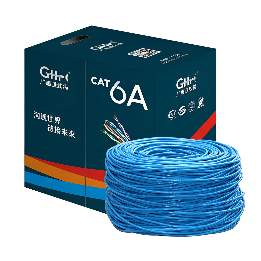 A blue reel of Cat 6a Ethernet cable with oxygen-free copper core, labelled 305 metres and 10Gb/s.