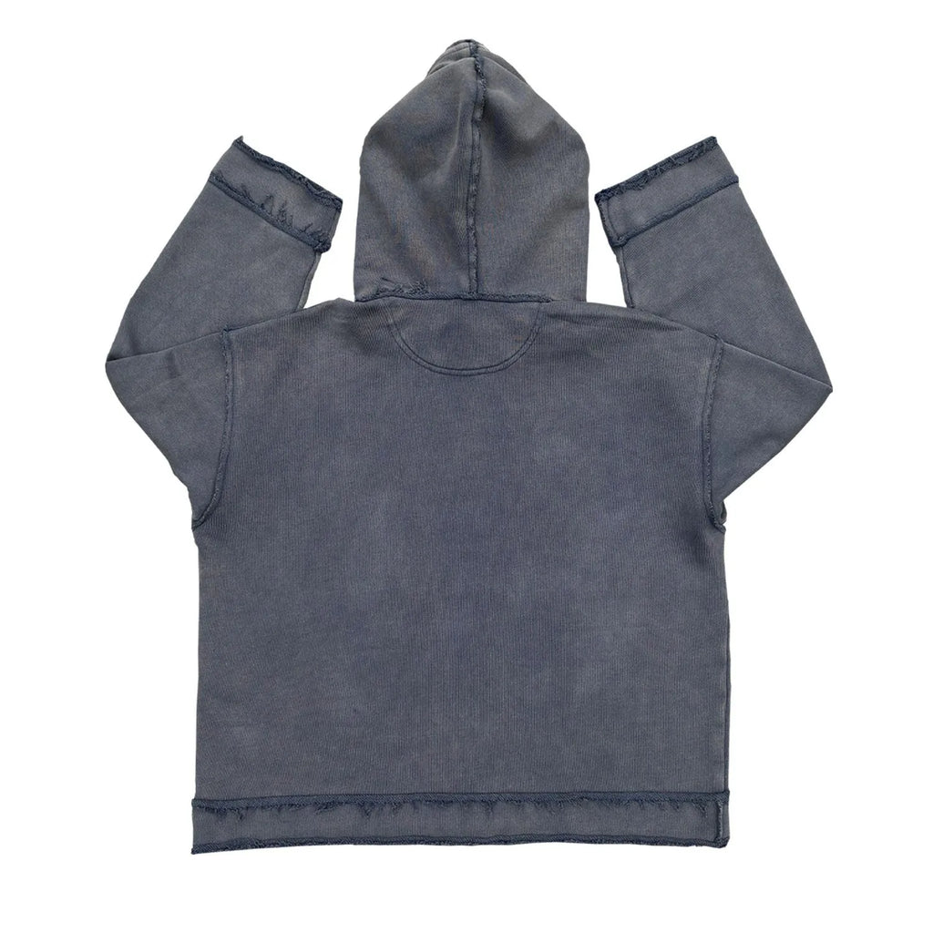 Dark blue hooded sweater with kangaroo pocket and raglan sleeves in medium size